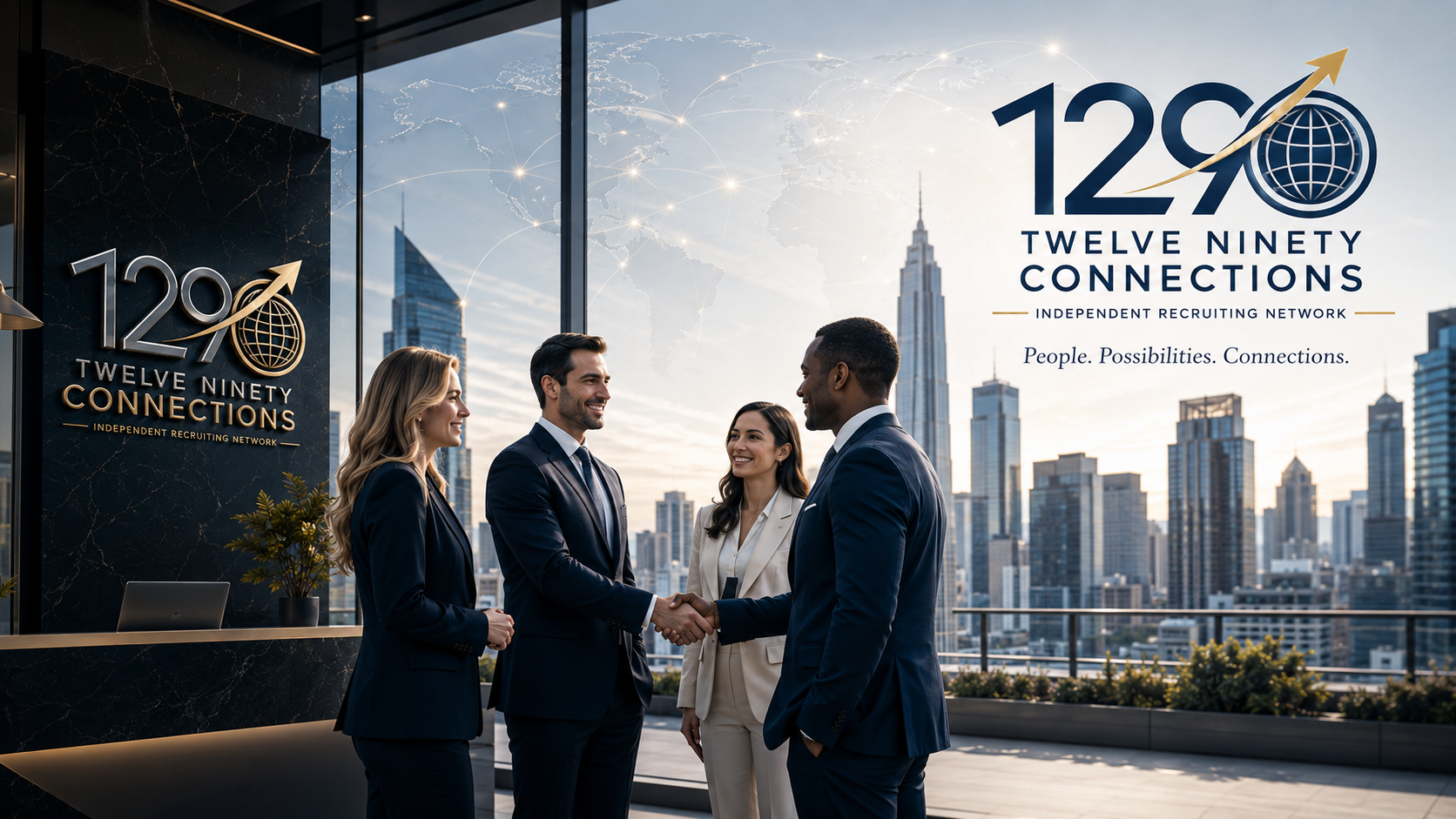 Professionals connect in a city office beneath prominent Twelve Ninety Connections branding and a global relationship map.