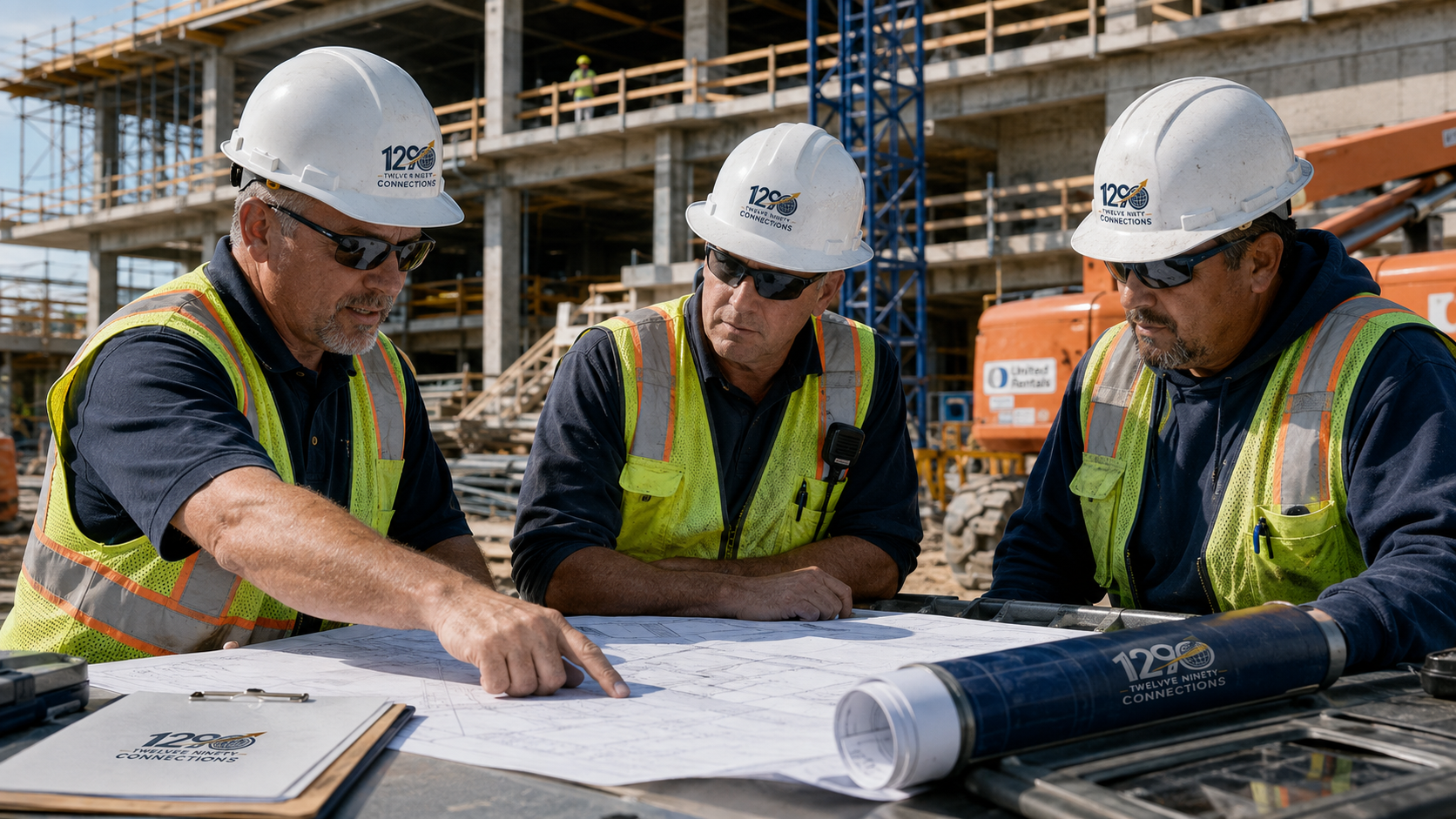 Construction professionals review plans together at an active site wearing Twelve Ninety Connections safety gear.