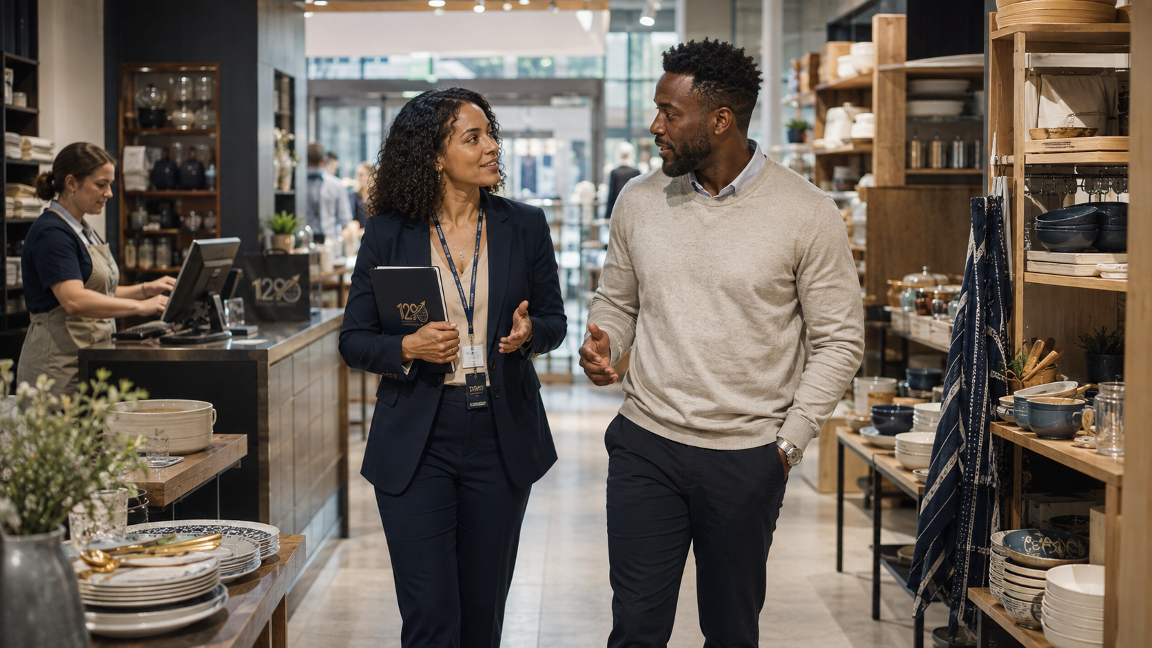 A retail operations professional walks the sales floor with a store leader while discussing the customer experience.