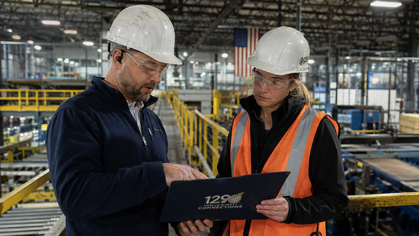 Industrial professionals review operating materials together on an active factory floor.