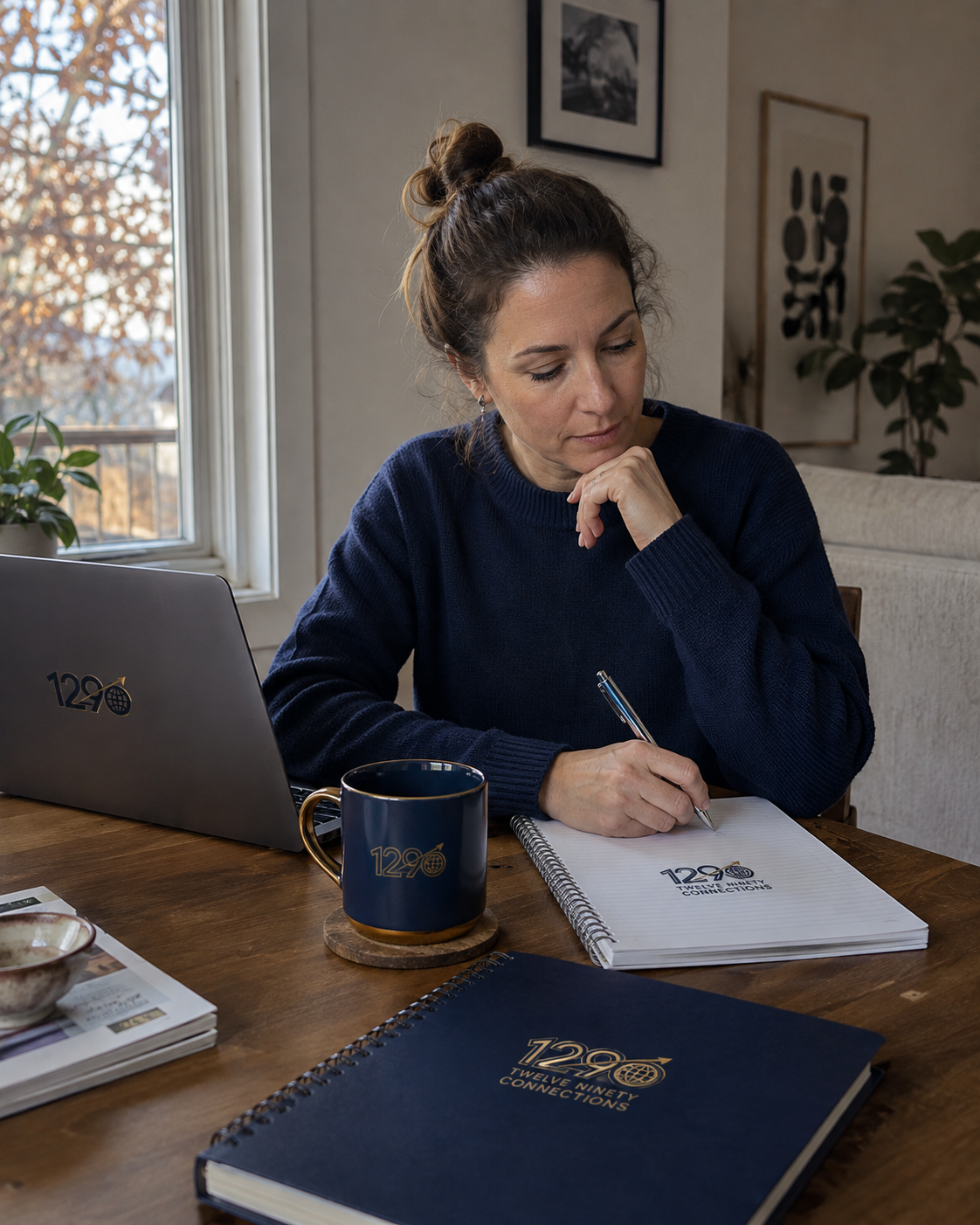 A professional reviews career materials and takes notes at a table in a quiet home setting.