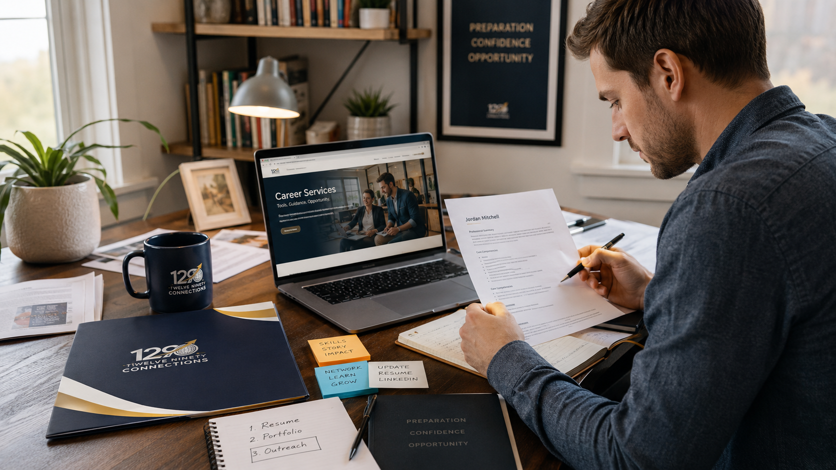 A professional reviews a resume and career-planning materials beside the Twelve Ninety Connections Career Services site.