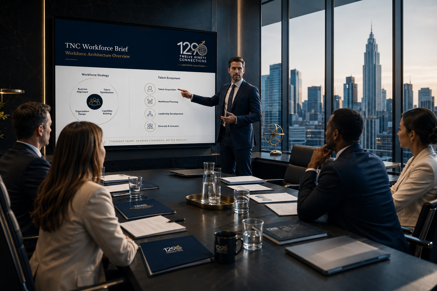 A corporate leader presents a Twelve Ninety Connections workforce plan to an executive team.