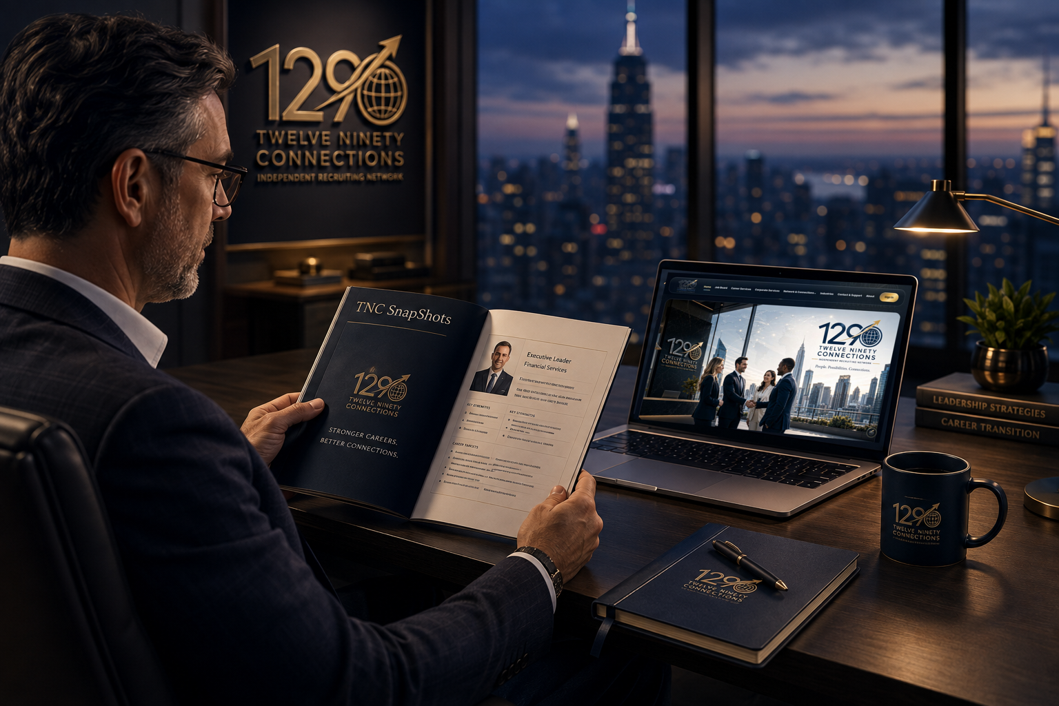 A professional reviews a Twelve Ninety Connections SnapShots profile beside the current Twelve Ninety Connections homepage on a laptop.