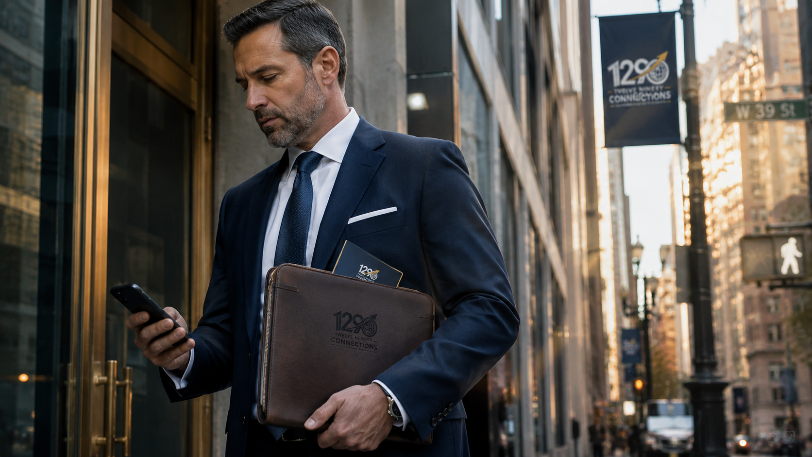 A professional checks T.E.A. guidance on his phone while carrying Twelve Ninety Connections materials through the city.